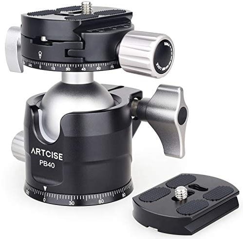 Low Profile Tripod Ball Head, ARTCISE PB40 ALL Metal CNC Double Panoramic Ball Heads Camera Mount 40MM Ball Diameter with Two 1/4 Quick Release Plates for DSLR, Camcorder, Max Load 44lbs /20kg