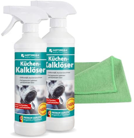 HOTREGA Küchen-Kalklöser 2x 500ml | Tensidfreier Kalkentferner für Küche | Inkl. Microfasertuch | Entfernt Rost & Grauschleier | Korrosionsschutz für Edelstahl, Glas, Chrom, Fliesen & Kunststoff