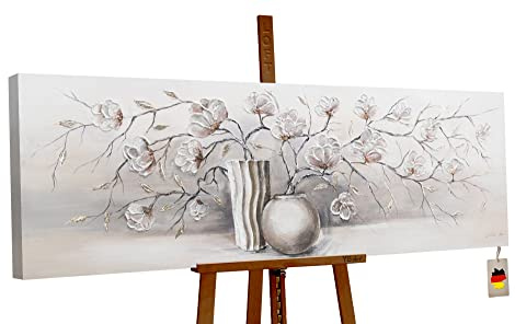 YS-Art Abstrakt Acryl Gemälde auf Leinwand Stillleben handgemalt Wandbilder Wohnzimmer modern Wohndekor Design Bild weiß grau horizontal echte Kunst 150x50 cm