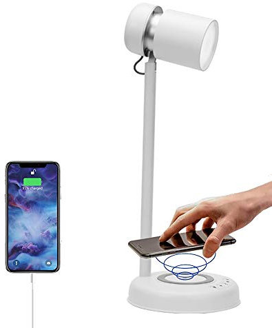 Puhui Nachttischlampe, Tischlampe mit Bluetooth Lautsprecher und Qi 10W Wireless Charger, Nachtlicht Dimmbar mit 4 stufige Helligkeit für 1Phone 12/11/ XR/XS/X/8, Samsung Galaxy S10/ S9+/ S8 (weiß)