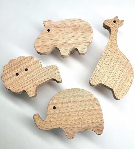 PLT 4 Stück Tierische Griffe für Kindermöbel aus unbehandeltem Eichenholz, Knauf, Knopf für Kommode, Schrank, Schublade, Kinderzimmer, Geschenk (4, Elefant Löwe Nilpferd Giraffe)