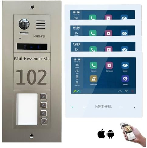 Mathfel 2-Draht-Bus WLAN Video Türsprechanlage - Personalisierte Außenstation inklusive Gravur, ideal für 4 Familienhäuser, mit 4x7'' Monitoren