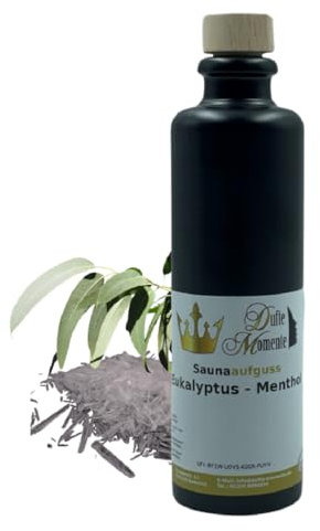 Dufte Momente | Saunaduft Eukalyptus - Menthol 200ml in schwarzer Steinzeugflasche mit Korkmündung | naturreine ätherische Öle | vegan, ohne Tierversuche