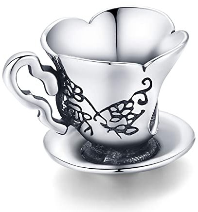 NewL 925 Sterling Silver Retro Teacup Charm Bead Medieval Pattern for Bracelet Bangle Women Jewelry