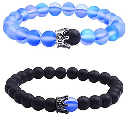 UEUC King&Queen Crown Distance Paar Armbänder His Hers Schwarz Matt Achat 8mm Perlen Armband(80)