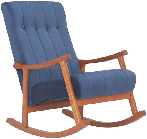 CLP Schaukelstuhl Saltillo Samtbezug I Lounge Schwingstuhl Mit Holzgestell I Relaxsessel Und Lesesessel I Für Wohnzimmer Und Schlafzimmer, Farbe:walnuss/blau