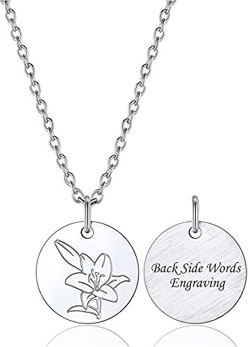 Bestyle Collier Homme Femme personnalisé en Acier Inoxydable série de Fleurs d'anniversaire de décembre Lys de mai avec chaîne en O 45cm+5cm Argen t