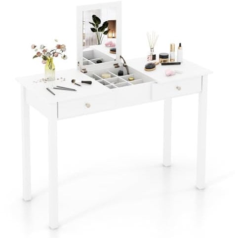COSTWAY Dressing Table with Flip Up Mirror, Wooden Makeup Vanity Table Writing Desk with 2 Drawers and Removable Partitions, Home Bedroom Furniture Cosmetics Dresser Table Gift for Girls Women, White
