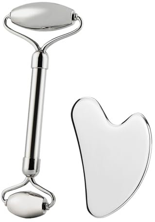 Set Gua Sha + Gesichtstroller Edelstahl 304 | Massage Roller Doppelt und Guasha Stein aus Metall | für Doppelkinn, Kiefer, Augen, Nacken, Körper, Cellulite Beine | Antibakteriell, Kühlend