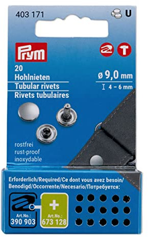 Prym 403171 Hohlnieten, ø 9 mm/4-6 mm, Messing silberfarbig, 20 Stück für Vario Creative Tool, Silber