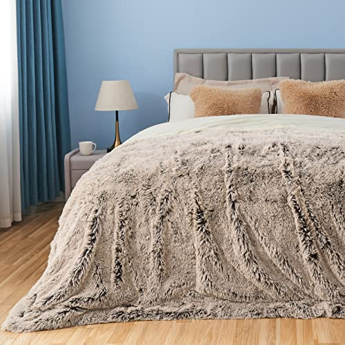 GONAAP Kunstfell-Überwurfdecke, Queen-Size, superweich, gemütlich, flauschig, für Couch, Sofa, Bett (Braun,Weiß (Frosty Brown) Queen-Size (228,6 x 228,6 cm))