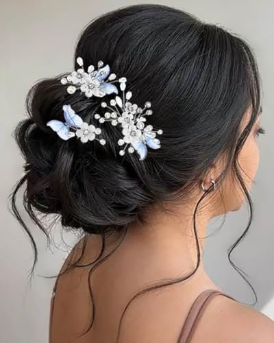Edary Braut-Blumen-Haarnadeln, Schmetterling, Braut-Kopfschmuck, Perlen-Haarspangen, Hochzeits-Haarschmuck für Damen und Mädchen, 3 Stück