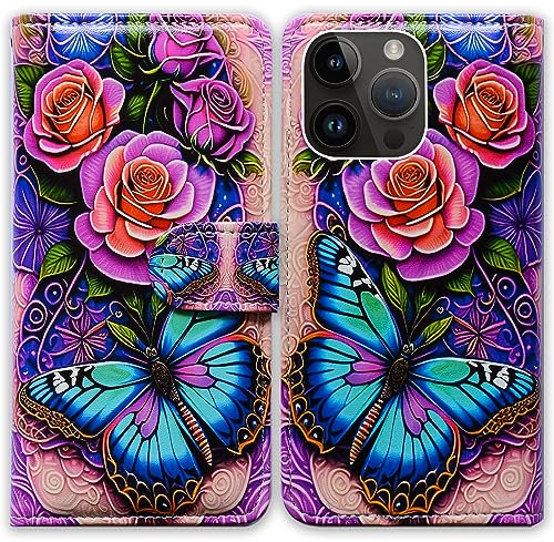 Bcov Case for iPhone 15 Pro Max,Blue Butterfly Flowers Rose Leather Flip Phone Case Wallet Cover with Card Slot Holder Kickstand for iPhone 15 Pro Max