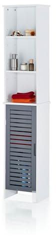 uno genial günstig KHG Hochschrank in weiß aus Holzstoff/Metall, Badezimmerschrank mit 5 Fächern, Landhausdesign, Tür mit dekorativen Lamellen, viel Platz für Pflegeprodukte, Handtücher usw.