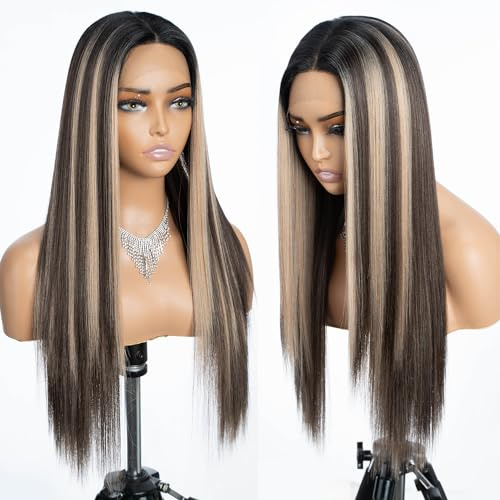 Joedir 13x4x4 Lace Frontal Perücke 26 lang gerade frei Scheitel Seide Basis Lace Front Perücken mit Baby Haar (26inch, Ombre Highligts)