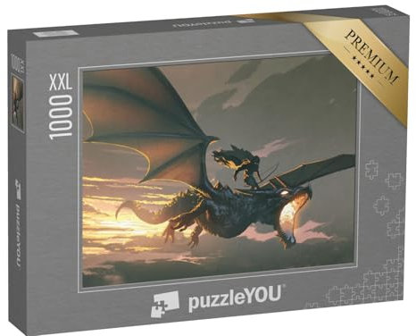 Puzzle 1000 Teile XXL „Ritter reitet den Drachen bei Sonnenuntergang“ – aus der Puzzle-Kollektion Drache, Tiere aus Fantasy & Urzeit