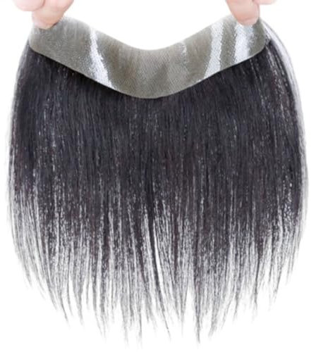 Frontal-Haarteil für Männer, natürliches schwarzes Stirn-Haaransatz-Toupet, reines Echthaar, V-Form, Herren-Topper-Haarsysteme für Haarausfall(Black,2 * 16cm)