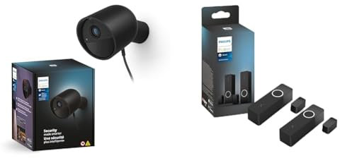 Philips Hue Secure kabelgebundene Smart Home Überwachungskamera & Secure Smart Home Kontaktsensor Doppelpack für Türen und Fenster