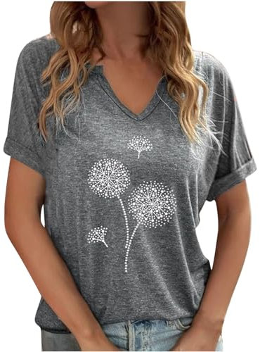 Camiseta de verano para mujer, diseño de diente de león, informal, cuello de pico, blusa holgada, manga corta, camiseta fina, jersey de algodón, parte superior de moda, camiseta básica, camiseta