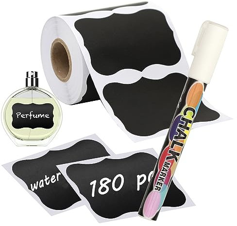 NANXJIUR 180 Pcs Chalkboard Labels, Reusable Blackboard Stickers with 1 Liquid Chalk Marker, Waterproof Chalkboard Stickers for Mason Jars, Parties Decoration, Craft Rooms, Weddings, Storage