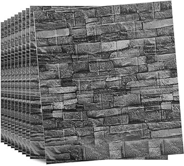 Anttyscar 10 Stück 3D Wandpaneele Selbstklebend Tapete Steinoptik Wandverkleidung 77 x 70 cm Wasserdicht Wall Panels Wandtattoos Küche Ziegelstein Wandaufkleber Wandplatten Retro Schwarz für Wanddeko