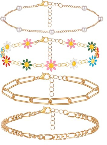 4 Pcs Bracelet de Cheville pour Femme, Réglable Bracelets de Cheville Boho Perle Chaîne Bijoux de Pied Dainty Layered Cheville Ensemble Cadeau Chaine De Cheville pour Femme Fille, Fleurs Colorés