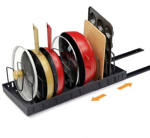 XIAPIA Soporte para Ollas y Sartenes, Soporte para Ollas y Tapas, Soporte para Ollas y Tapas con 8 Separadores Ajustables, Estante Organizador de Utensilios de Cocina para Armario