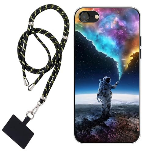 WUACYEAMING Case Compatible with iPhone SE 2020/8/7,Clear with Design Soft TPU Shock Absorption Slim Embossed Pattern outer space astronauts Colour+Cell Phone Lanyard ×1