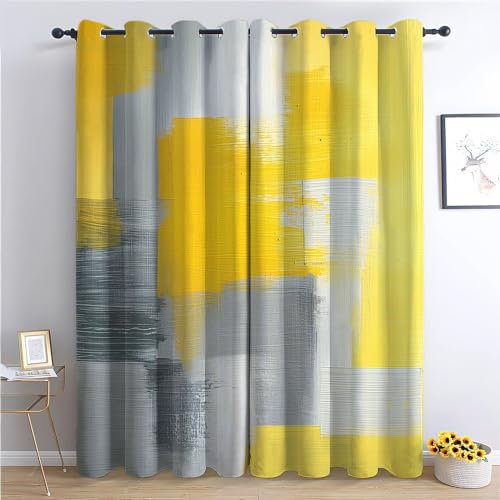 CozyRest Vorhang Blickdicht Thermovorhang Nähte graue und gelbe Farbblöcke Muster Gardinen Wohnzimmer Vorhänge Kinderzimmer Geräuschreduzierung Dekoration für Schlafzimmer Fenster 214 x 91.5 cm