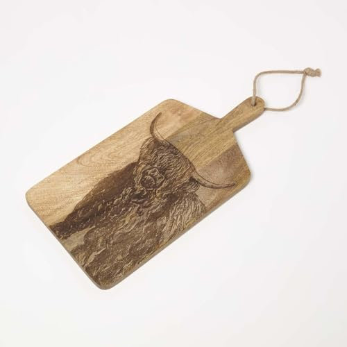 HOMESCAPES Wooden Chopping Board with Highland Cow Design, 25H x 50W x 2D cm, Natural Mango Wood, Decorative Serving Charcuterie Board