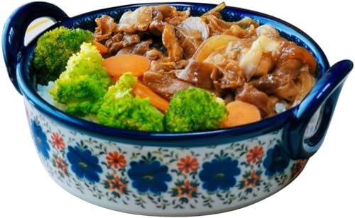 HISMPSOBN Porcelain Ceramic Soup Noodle Bowl,French Onion Soup Bowl 33oz Retro Ceramic Soup Bowl with Handle Suitable for Barbecue Salad Oat Stew Pasta Bowl(Blue Sorrel)
