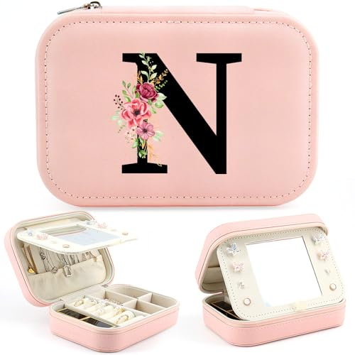 Initiale Schmuckkästchen für Mädchen Schmuckkasten Klein mit initiale N, Reise Schmuckschatulle mit Spiegel, Schmuckkästchen Buchstaben Geschenke für Damen Mädchen Weihnachten Geburtstage Muttertag