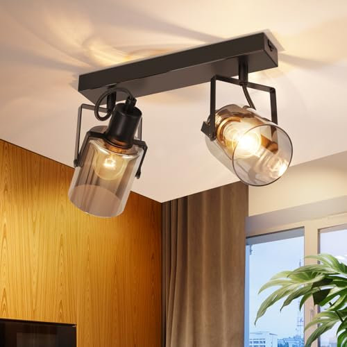CBJKTX Deckenstrahler Schwarz Deckenlampe Vintage - 2 Flammig Deckenleuchte 350° Schwenkbar Küchelampe Rauchgrau Glas Deckenspots E14 Flurlampe für Schlafzimmer Flur Küche Wohnzimmer(Ohne Lichtquelle)