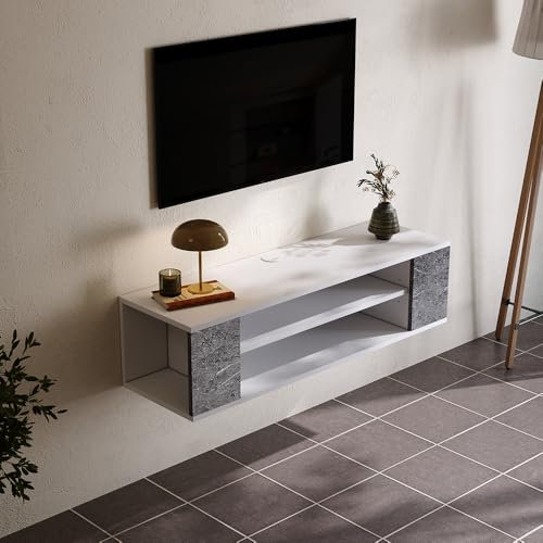 Warmiehomy Floating TV Unit Wall Mounted TV Unit with Router and Cable Holes Media Wall Units for Living Room(White&gray, 100cm)
