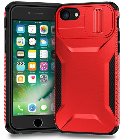 Yerebel Case for iPhone SE 2022/SE 3 2022/iPhone SE 2020/iPhone 7/iPhone 8/iPhone 6/6S Case with Slide Camera Cover, Military Grade Non-Slip Heavy Duty Rugged Protective Phone Cover for iPhone 8 Red