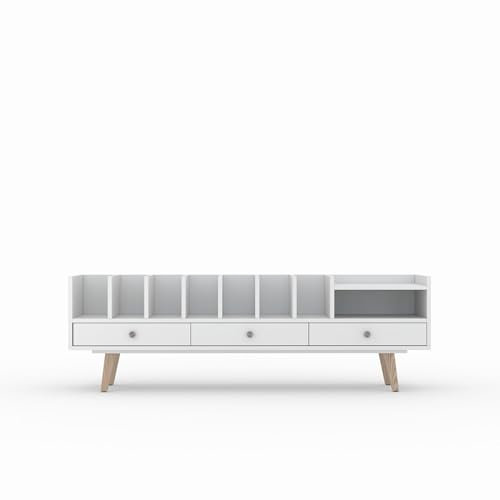 TV Schrank POPPY, lackiert Weiß, offene Vinylböden und Turntable 3 Schubladen, skandinavisches Sideboard, 190 x 56 x 43 cm
