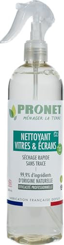 PRONET NATURE - Nettoyant Vitres, Ecrans et Miroir - Idéal surfaces fragiles et multimédias - Séchage rapide, sans trace - 99,9% ingrédients naturels - ECOCERT - Senteur Plantes fraiches - Spray 500ml