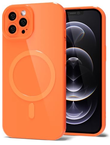 Svanove for iPhone 12 Pro Phone Case Silicone Magnetic, Compatible with Magsafe Case Cute for Women, Girly Bright Color Glossy Jelly Thin Slim Hard Mag Safe Rubber & Camera Cover, Neon Orange