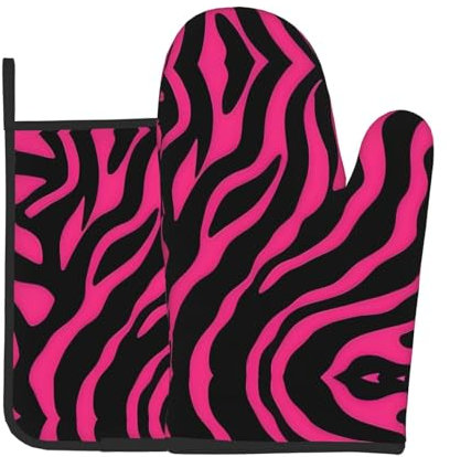 WZYWHJ Zebra Tiger Leopard Pink Printed Oven Mitts and Pot Holders Set for Cooking, Microwave, Grilling - with Lanyard Design