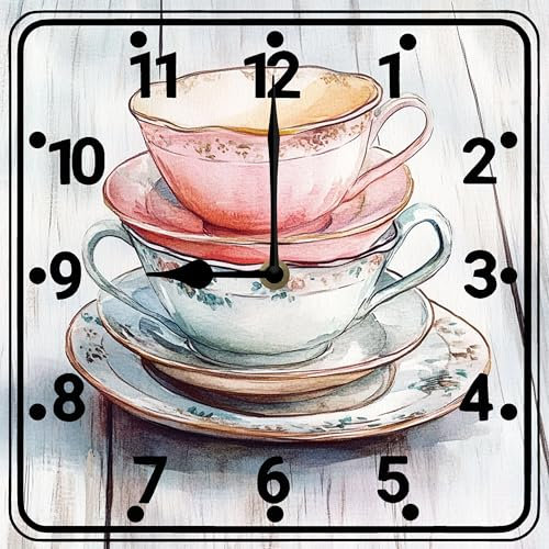 Geroclonup Tea Bar Sign Tea Cup Wall Clock 25cm Battery Operated Silent Non Ticking Square Wood Clock Home Decor for Kitchen Living Room Bedroom Office