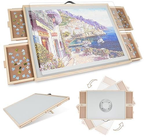 1500 Teile 2-in-1 Neigbares & Drehbares Puzzle-Brett für Erwachsene, Holz-Puzzleschreibtisch mit 4 Schubladen 64 x 87 cm, Tragbares Brett mit Lazy Susan und Abdeckung