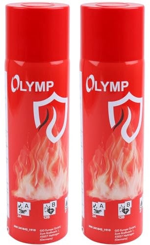 Olymp Feuerlösch Spray 2 Stück | Feuerlöschspray für Küche & Haushalt | Feuerlöscher Spray für Fettbrände | Löschspray für Zuhause | Feuerlöscher Dose Klein & Sicher | Feuerlöscher Wohnmobil