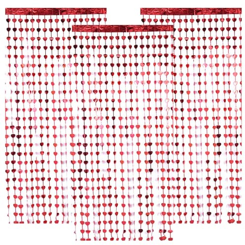 LaresDay Lametta Vorhang Love Shape Wiederverwendbar [3 Stück] - Glitzer Tinsel Curtains mit Folienfransen für Hochzeit, Party, Weihnachtsdeko, Festivals - Einfach Montage,Raumdekor (rot)