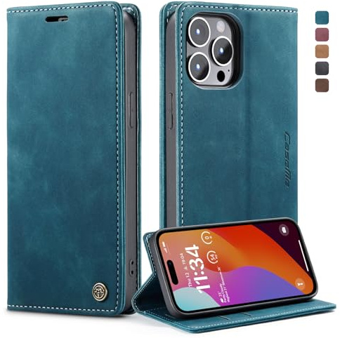 Monweicz Handyhülle für iPhone 15 Pro Max Hülle Premium Lederhülle Klappbar Flip Case Tasche Magnet Kartenfach Standfunktion Klapphülle Schutzhülle für iPhone 15 Pro Max - Blaugrün