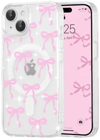 UEEBAI Bow Case for iPhone 14 Plus/15 Plus with Magsafe,Glitter Pink | Built-in Magnets, Cute Slim Clear Aesthetic Pattern Pretty Phone Case for Women Girl Kid, Anti-Yellowing Translucent Cover