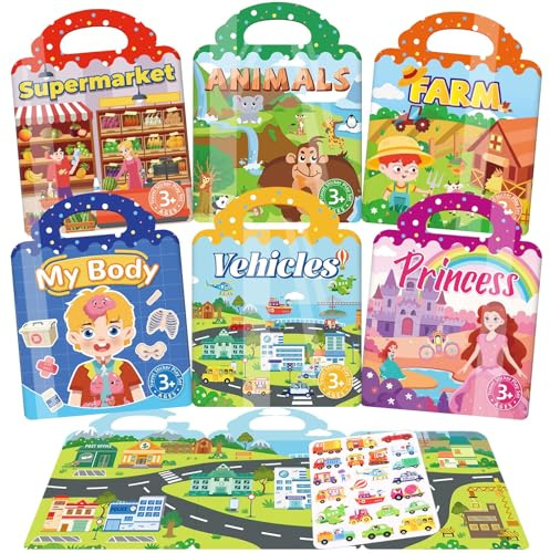 6 Stück 3D Wiederverwendbare Stickerbüch für Kleinkinder | Sticker Kinder Set für Geschenk Jungen und Mädchen, Waschbare Jelly Stickerbücher Stickerhefte Reisespielzeug ab 3 Jahre
