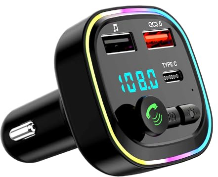 Bluetooth 5.0 FM Transmitter for Car, Bluetooth Car Adapter Transmitter, PD 20W & QC 3.0 Fast Charging, 2 USB Ports and 1 Type-C Port, Hands-Free Calling, Support USB/TF Card