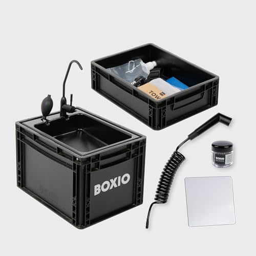 BOXIO - WASH Max+ : évier mobile 40 x 30 cm Kit complet : système de filtre + douche de camping + perles de nettoyage + miroir, lavabo de camping avec pompe sans électricité, accessoires de camping