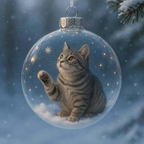 Niedliche Katzen-Weihnachtsanhänger aus Glas, Katzen-Weihnachtskugeln aus Glas im Schnee, 3D-Tierdekoration für Katzenliebhaber, Tischdekoration für Weihnachtsfeiern (Color D 1pcs)