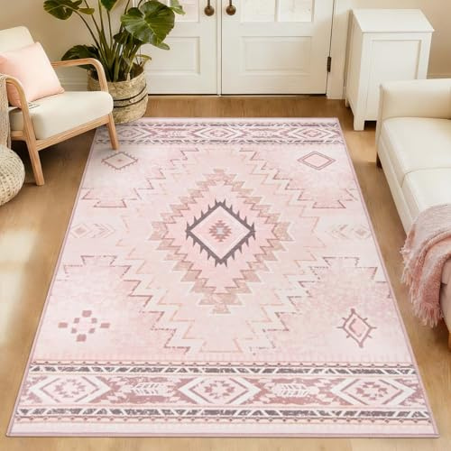 Alishomtll Teppich Läufer, Vintage Geometrisch Teppich Rosa 80x150 cm | Rutschfest Kurzflor Küchenteppich, Weich Waschbar Flurläufer für Wohnzimmer Schlafzimmer Arbeitszimmer Küche Eingang